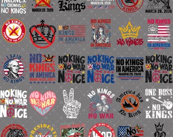 No Kings PNG-bundel, No Kings in America maart 2026, protestontwerp, anti-IJS, antifascisme, tekenactivisme, digitale download, digitale download