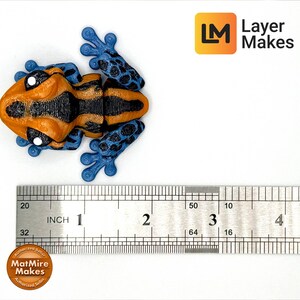 May include: A 3D-printed frog figurine in orange, black, and blue, with a ruler showing its size. The frog is approximately 3 inches long. The Layer Makes logo is visible in the upper right corner.