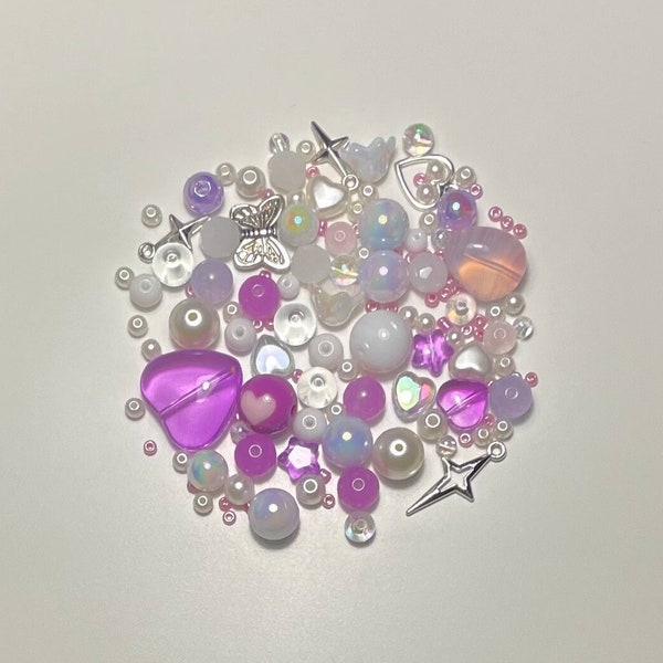 violet bead soup, bead mix, czech glass beads, stars, diy, purple, jewelry making, y2k, coquette, hearts, fairycore, charms, gift idea