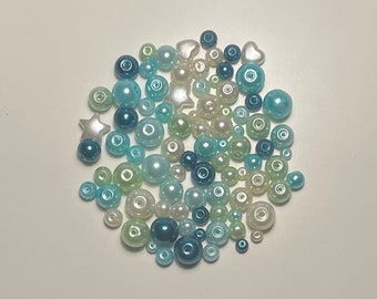 pearly desires bead soup, blue, bead mix, czech glass bead, stars, jewelry making, y2k, coquette, hearts, diy, fairycore, pearls, gift idea