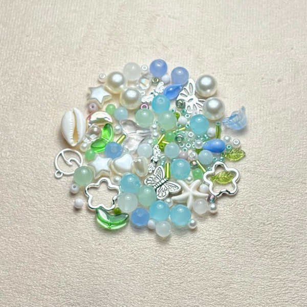 saltwater bead soup, bead mix, czech glass beads, stars, diy, sea, blue, jewelry making, y2k, coquette, hearts, fairycore, charms, gift idea