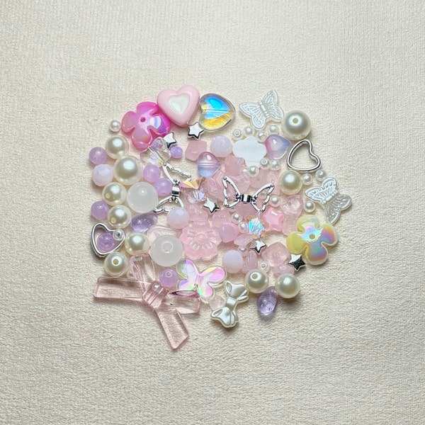 barbie bead soup, bead mix, czech glass beads, stars, diy, purple/pink,  jewelry making, y2k, coquette, hearts, fairycore, charms, gift idea