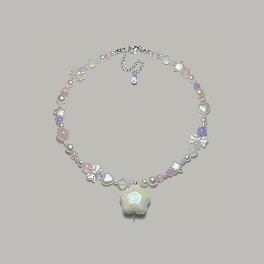 Rose Pearl Necklace, Handmade Beaded Jewelry, Cute, Colorful, Stars, Heart, Coquette, Flower