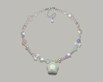 collana di perle rosa, gioielli con perline fatti a mano, carini, colorati, stelle, cuore, civetta, fiori, non corrispondenti anni '90, perle, fairycore, y2k, idea regalo