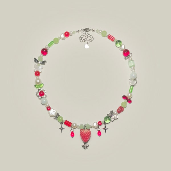 strawberry garden necklace, handmade beaded jewelry, pearls, mismatch 90s, fairycore, cottagecore, y2k, coquette, gift idea