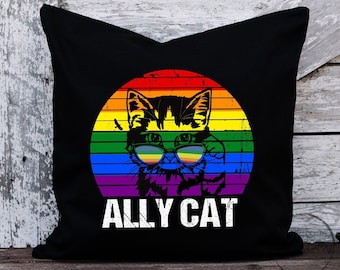 LGBT Ally Cat Be Kind Rainbow Divertido LGBTQ Bondad Amor Lenguaje de señas Aliado Orgullo Almohada