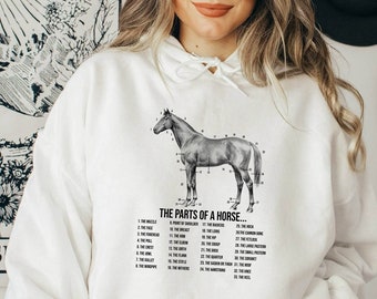May include: A white hoodie with a black and white illustration of a horse with numbered parts labeled with the text "The Parts of a Horse..."
