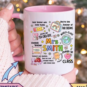 May include: A white ceramic mug with a pink interior and handle, featuring colorful illustrations of school supplies and the text Mrs. SMITH. The design includes a pencil, lunchbox, globe, cassette tape, and heart, with phrases like Best Teacher who EVER Taught.