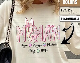 Personalized Easter Memaw Shirt with Kids Names, Custom Grandma Bunny Shirt, Comfort Colors Bunny Tee PL0649