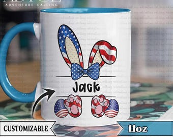 Personalized American Flag Easter Bunny Mug, Patriotic Custom Name Coffee Cup, Easter Gift for Kids PL0664