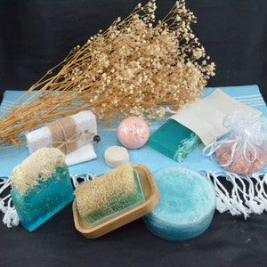All Natural Ocean Natural Soap Gifts, Spa Gift Set, Beautiful Wedding Favors, Relaxation Self Care Gift Box for Her, Stress Relief Care Set