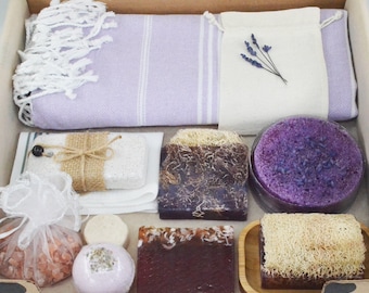 Relaxation Self Care Mothers Day Organic Spa Gift Box Anniversary Towel Set New Mom Care Package Lavender Spa Set Handmade Grandma Bath Set