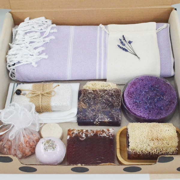 Relaxation Self Care Mothers Day Organic Spa Gift Box Anniversary Towel Set New Mom Care Package Lavender Spa Set Handmade Grandma Bath Set