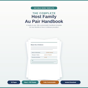 Host Family Au Pair Handbook Template | Editable Word Document | Printable Childcare Guide | Welcome Book for Nanny or Au Pair