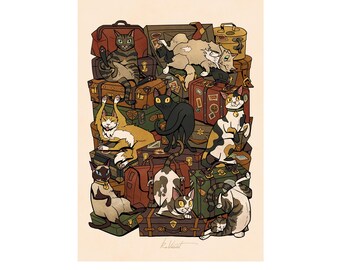 May include: A digital illustration featuring a stack of vintage-style suitcases and trunks in various shades of brown and green, with nine cats of different breeds and colors lounging, playing, and sitting on and around the luggage pieces.
