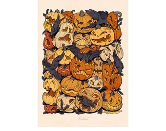 Halloween Pumpkin Art Print, Black Crows and Jack-o'-Lanterns, Spooky Autumn Wall Decor