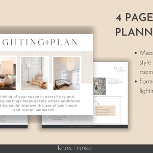 May include: A four-page guide to lighting planning for living rooms. The guide includes measurements for each style of lighting and a formula for determining lighting fixture scale. The guide features images of different lighting styles in a living room.