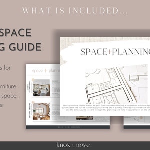 May include: A five-page space planning guide with a white background and black text. The guide includes tips on measuring for function and flow, choosing furniture, and selecting rug sizes. The guide also includes a floor plan and a diagram of furniture placement.