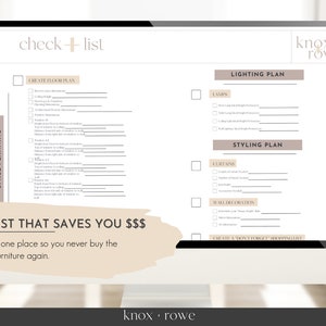 May include: A digital checklist for space planning, lighting, and styling. The checklist includes sections for creating a floor plan, measuring furniture, and choosing lighting and styling elements. The text "The Shopping List That Saves You $$$" is displayed at the bottom of the checklist.