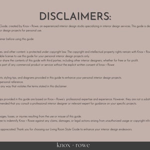 May include: A disclaimer page for a living room style guide created by Knox Rowe, an interior design studio. The page outlines copyright and usage restrictions, permitted usage, a disclaimer of professional advice, liability and indemnification, and a thank you to the customer.