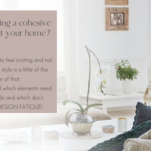 May include: A white living room with a white couch, a white coffee table, and a white orchid plant in a silver pot. The text "Are you wanting a cohesive feel throughout your home?" is displayed on a light brown background.