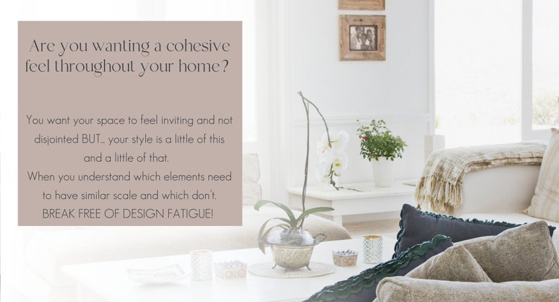 May include: A white living room with a white couch, a white coffee table, and a white orchid plant in a silver pot. The text "Are you wanting a cohesive feel throughout your home?" is displayed on a light brown background.