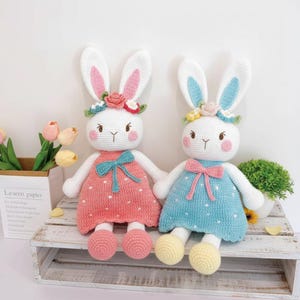 Peut inclure: Deux poupées lapins crochetées à la main. Chaque lapin a une fourrure blanche, de longues oreilles avec l'intérieur rose ou bleu, et une couronne florale. L'un porte une robe rose à pois blancs, l'autre une robe bleue. Les deux ont des joues roses et se tiennent la main.