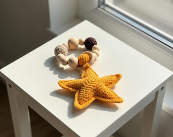 Molde fácil de mordedor em forma de estrela-do-mar, download em PDF de amigurumi para bebês.