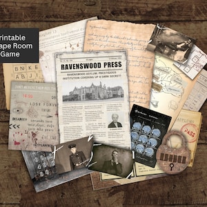 Puede incluir: Un juego de escape room imprimible con temática de un asilo psiquiátrico vintage. El juego incluye un artículo de periódico, un mapa, un candado y otras pistas. El texto del periódico dice "Ravenswood Press: Ravenswood Asylum, Prestigious Institution Covering Up a Dark Secret?"