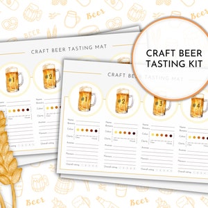 Puede incluir: Un kit de degustación de cerveza artesanal imprimible con cuatro vasos de cerveza y una hoja de calificación para cada cerveza. La hoja incluye categorías para el nombre, la cervecería, el color, la claridad, el aroma, los sabores y la calificación general.