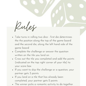 May include: A set of rules for a game with two dice. The rules are written in black text on a white background with a green illustration of two dice in the top left corner. The rules include instructions for taking turns, completing challenges, and earning points.