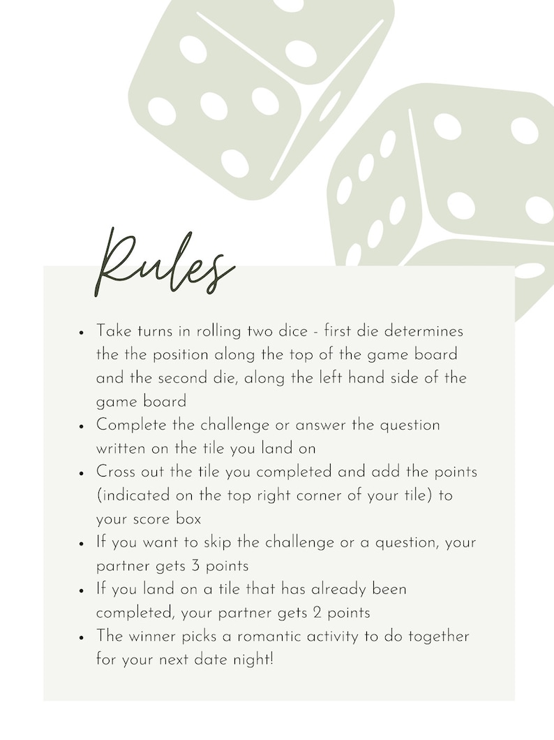 May include: A set of rules for a game with two dice. The rules are written in black text on a white background with a green illustration of two dice in the top left corner. The rules include instructions for taking turns, completing challenges, and earning points.