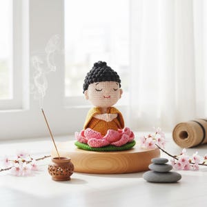 Op de afbeelding: Een gehaakte Boeddha-figuur in een meditatieve pose, zittend op een roze lotusbloem. Het figuur heeft een gele jurk en zwart haar. Incense rook stijgt op uit een houten houder, met kersenbloesems en een yogamat op de achtergrond.