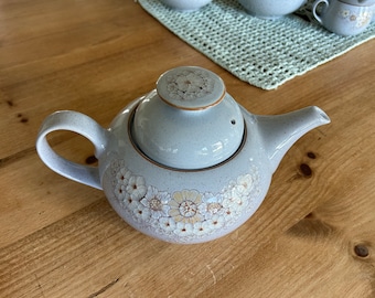 Vintage Denby Reflections Tea Coffee Pot, pale blue with flowers. Denby Teapot by Claire Bernard daisy pattern on sky blue pottery - Denby