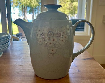 Vintage Denby Reflections Coffee Pot, pale blue with flowers. Denby coffee pot by Claire Bernard daisy pattern on sky blue pottery - Denby