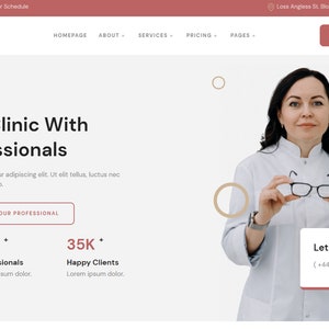 May include: Website homepage for an eye care clinic called "Mins". The website features a photo of a woman holding a pair of glasses, along with text that reads "Eye Care & Clinic With Better Professionals". The website also includes information about the clinic's services, pricing, and contact information.