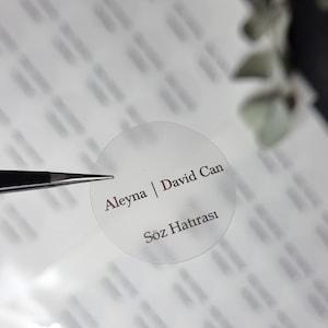Può includere: Un adesivo rotondo trasparente con il testo "Aleyna | David Can" e "Söz Hatırası" in lettere nere.
