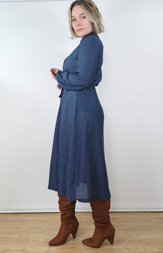 Vintage 70s navy polka dot boho hippie dress blue… - image 1