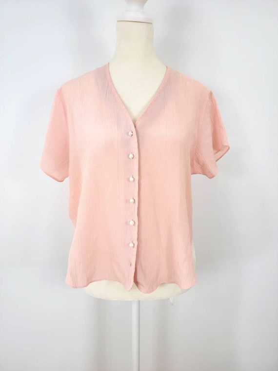 Vintage pink crinkle crepe 80s blouse - image 5