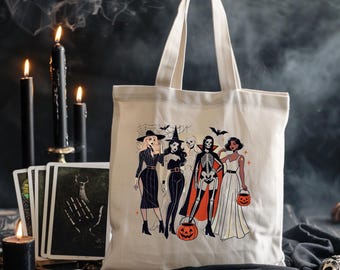 Witchy Gang Canvas Tote Bag, Vintage Halloween Pin up, Witchy Tote, Halloween Bag, Vintage Pin up, Cotton Tote Bag