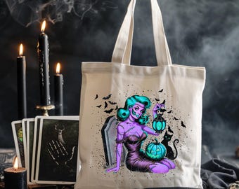 Gothic Art Cotton Canvas Tote Bag, Unique Gift for Art Lovers, Eco-Friendly Grocery Bag, Halloween Tote, Vintage Style Bag