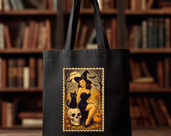 Vintage Halloween Pinup Tote Bag, Spooky Trick or Treat Bag, Retro Canvas Shopping Tote, Gothic Witch Carryall, Creepy Handbag