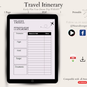 Travel Itinerary Template | Vacation Itinerary Template | Instant Digital Download |PDF | 8.5x11