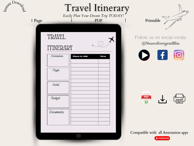 Travel itinerary digital download. print and have it on the go. it is one page. easily plan your next trip with this digital template. This will help you stay organized along the way.