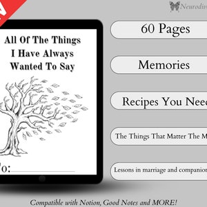 May include: A black and white illustration of a tree with leaves blowing in the wind. The text "All Of The Things I Have Always Wanted To Say" is above the tree. The text "To:" is below the tree. The text "60 Pages", "Memories", "Recipes You Need", "The Things That Matter The Most", and "Lessons in marriage and companionship" are in white text on gray buttons. The text "Compatible with Notion, Good Notes and MORE!" is at the bottom of the image.
