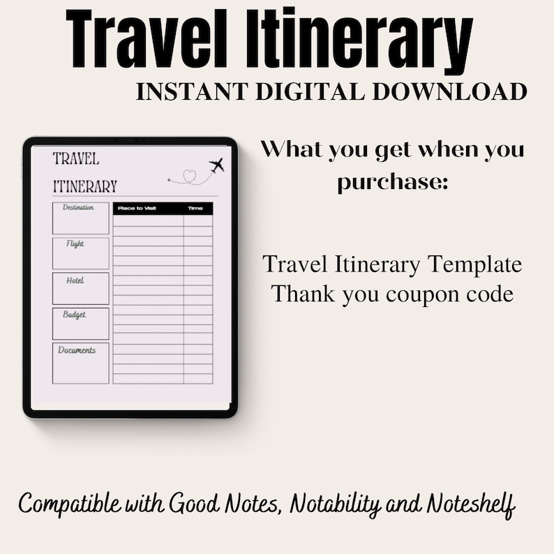 Instant digital download. you get a 1 page travel itinerary template you can use anytime.