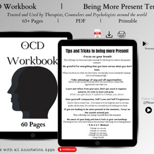 May include: A digital download for an OCD workbook with 60 pages and a digital download for a printable template with tips and tricks for being more present. The workbook features a black and white illustration of a human head. The template features a list of tips and tricks for being more present, including focusing on your breath, being grateful, taking advantage of opportunities, learning from the past, giving yourself compassion, self-love and self-forgiveness, focusing on sounds around you, and being aware of your body.