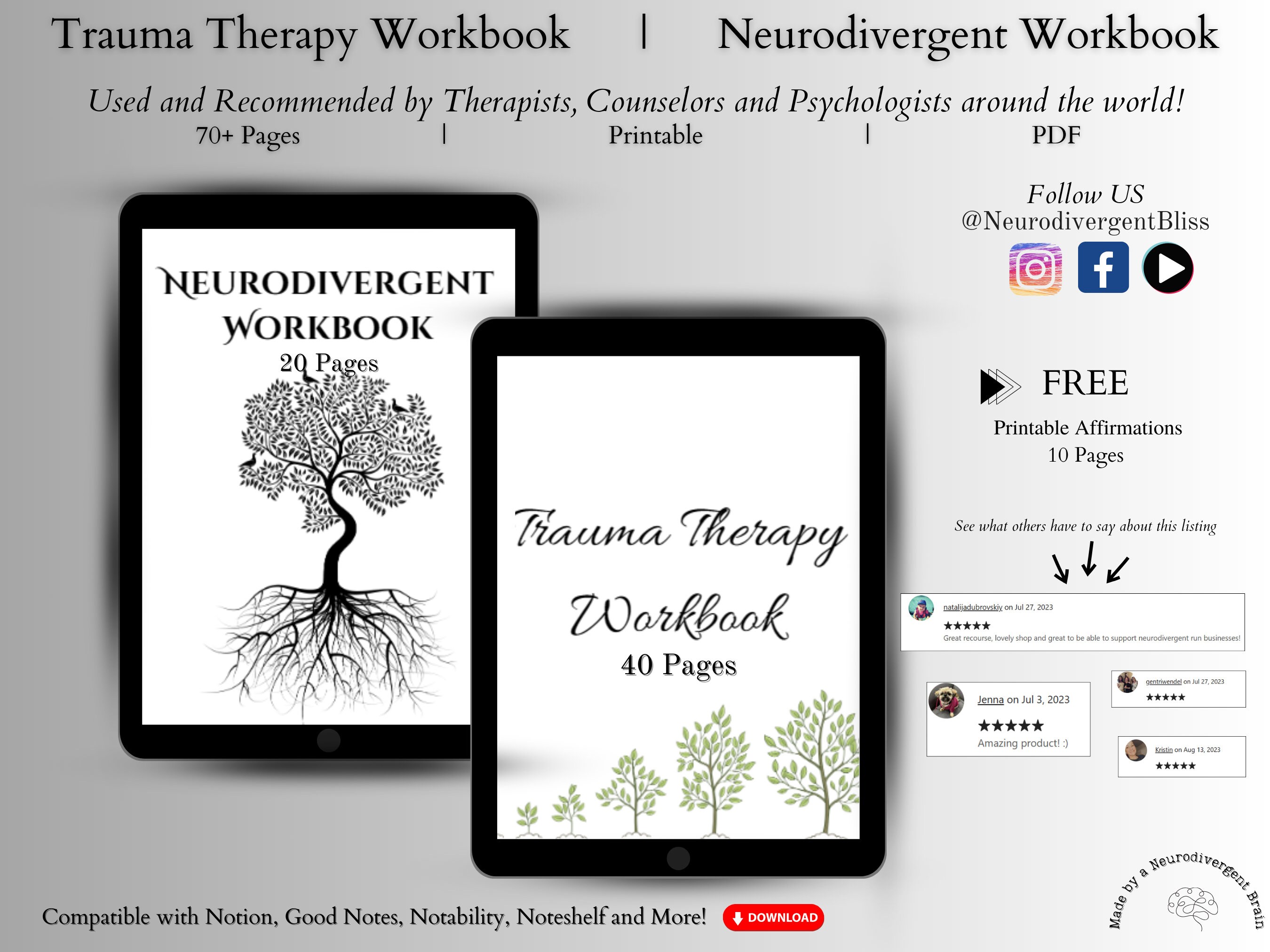 Digital Neurodivergent Printable Planner | Trauma Therapy Digital | Trauma Worksheets | Trauma Removal | Trauma Focused CBT | Shadow Work