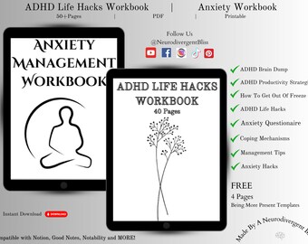 May include: Two digital workbooks, one titled "Anxiety Management Workbook" with a black and white illustration of a person sitting in a meditative pose, and the other titled "ADHD Life Hacks Workbook" with a black and white illustration of a small tree. The text "Follow Us @NeurodivergentBliss" is in the upper right corner of the image.