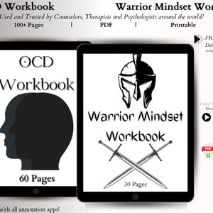 May include: Two digital tablet screens displaying black and white illustrations of a human head and a warrior helmet. The text on the screens reads "OCD Workbook" and "Warrior Mindset Workbook". The text also includes the number of pages in each workbook: 60 pages and 30 pages.